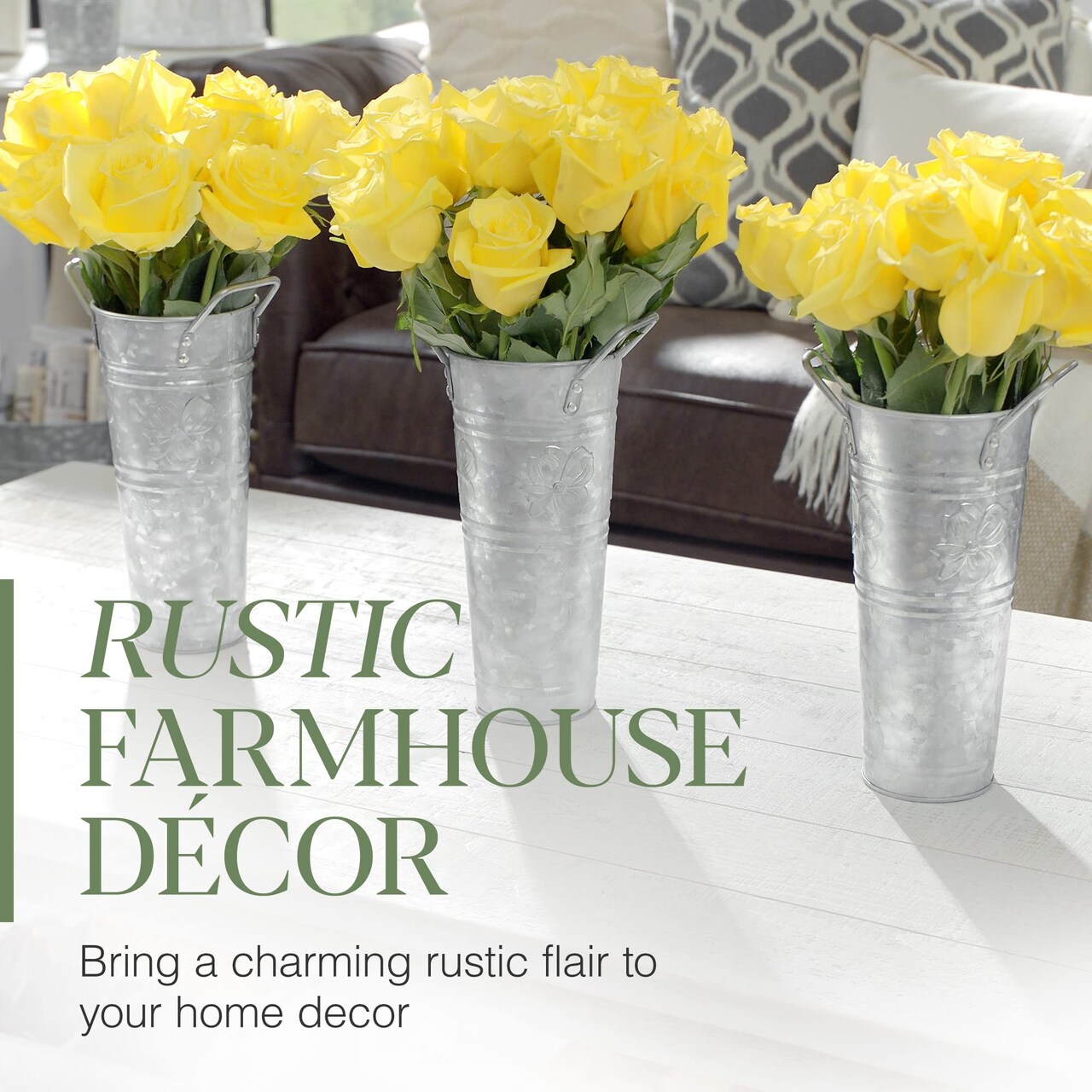 3 Pieces Galvanized Metal Farmhouse Flower Vases 9 Inch, - Rustic Decorative French Flower Bucket Pots for Wedding Table Centerpiece Decorations, Home Decor by Walford Home